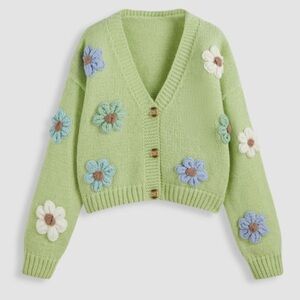 Cider Green Cardigan with Floral Accents